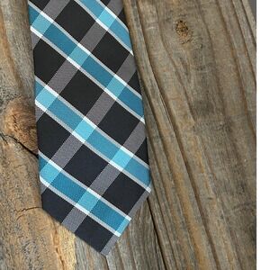 Bespoke New York Plaid Necktie Mens Blue Black White Diagonal Pattern